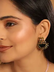 Yinara 22K Gold Plated Dark Crystal Studded Contemporary Floral Shaped Stud Earrings