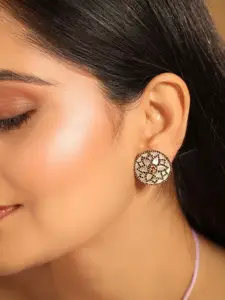 Yinara 22K Gold Plated Mother of Pearls and Stone Studded Contemporary Floral Shaped Studs