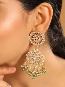 Yinara 22K Gold Plated Traditional Kundan Studded with Pearl & Green Bead Dangler Earrings