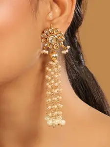 Yinara 22K Gold Plated Pearls Studded Contemporary Shaped Drop Earrings