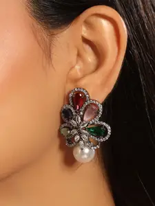 Yinara 22K Gold Plated Cubic Zirconia Studded Contemporary Shaped Drop Earrings