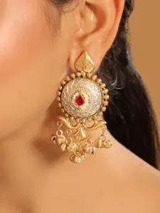 Yinara 22K Gold Plated Rhinestone Studded Contemporary Shaped Drop Earrings