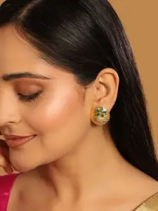 Yinara 22K Gold-Plated Faux Emerald Stones Studded Circular Floral Shaped Motif Studs