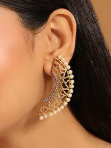 Yinara 22K Gold-Plated Zircon Studded & Pearl Beaded Contemporary Shaped Statement Studs