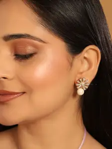 Yinara 22K Gold-Plated Pearl Drop Zircon Floral Shaped Mini Stud Earrings