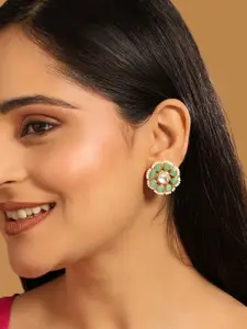 Yinara 22K Gold-Plated Green Kundan Studded & Pearls Beaded Floral Shaped Studs