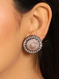 Yinara Modern Edge Rhodium-Plated Rhinestone Studded Circular Shaped Diamond Studs