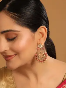 Yinara 22K Gold Plated Kundan Stone Studded Contemporary Shape Green Bead Drops Chandbalis