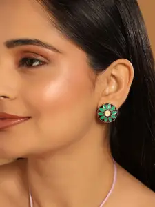 Yinara 22K Gold Plated Circular Shaped Sea Green Enamelled Floral Motif Studs