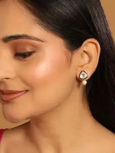 Yinara 22K Gold Plated Circular Shaped Sea Green Enamelled Floral Motif Studs