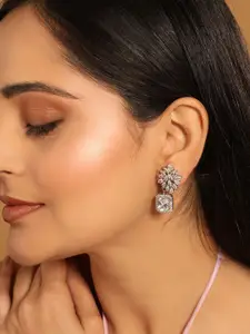 Yinara Rhodium-Plated Silver Rhinestone Studded Floral Shaped Stone Drop Minimal Studs