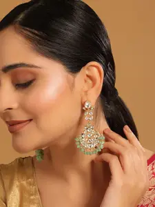 Yinara 22K Gold Plated Kundan Stone Studded Contemporary Shaped Chandbalis