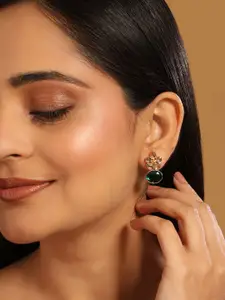 Yinara 22K Gold Plated Faux Emerald Studded Contemporary Shaped Studs