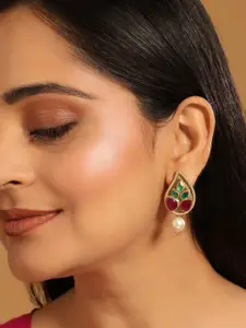 Yinara 22K Gold Plated Ruby Stone Studded Dynamic Petal Shaped Pearl Drop Stud Earrings