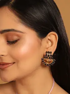 Yinara 22K Gold Plated Crystal Studded Contemporary Floral Shaped Stud Earrings