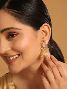 Yinara 22K Gold Plated Rose Quartz Stone Studded Ethnic Jhumkas