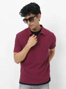 Urbano Fashion Men's Maroon Textured Regular Fit Half Sleeve Cotton Polo T-Shirt