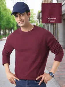 Urbano Fashion Men's Plum Textured Round Neck Oversized Full Sleeve Cotton T-Shirt