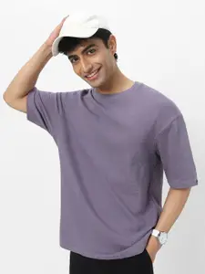 Urbano Fashion Men's Lilac Textured Round Neck Oversized Half Sleeve Cotton T-Shirt