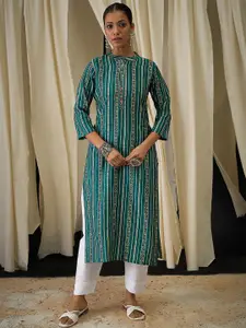 Anouk Floral Printed Mandarin Collar Chanderi Cotton Straight Kurta