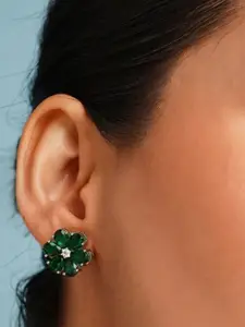 ABDESIGNS Elegant Silver Plated Floral Shaped American Diamond Studs Earrings