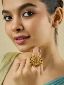 Kushal's Fashion Jewellery Ruby Gold-Plated Ethnic Antique Adjustable Finger Ring