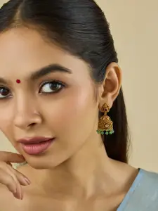 Kushal's Fashion Jewellery Ruby Gold-Plated Ethnic Antique Dome Shaped Jhumkas Earrings