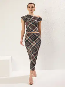 Trendyol Checked One Shoulder Top With Skirt