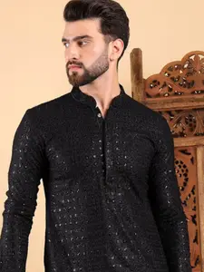 House of Pataudi Mandarin Collar Floral Sequins Embroidered Chikankari Straight Kurta