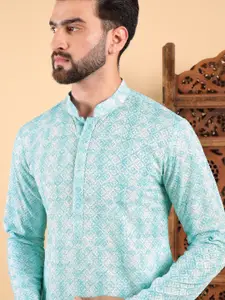 House of Pataudi Abstract Printed Mandarin Collar Geometric Embroidered Straight Kurta
