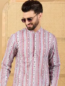 House of Pataudi Men White Viscose Rayon Geometric Chikankari Straight Kurta