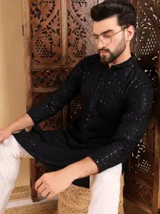 House of Pataudi Floral Embroidered Mandarin Collar Sequinned Straight Kurta