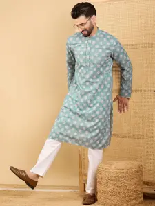 House of Pataudi Floral Embroidered Mandarin Collar Thread Work Straight Kurta