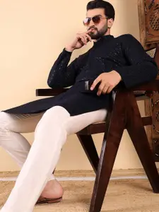 House of Pataudi Floral Embroidered Mandarin Collar Sequinned Straight Kurta