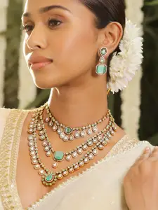 Rubans 24K Gold-Plated Pastel Green & AAA Cubic Zirconia Multi-Layer Bridal Necklace Set