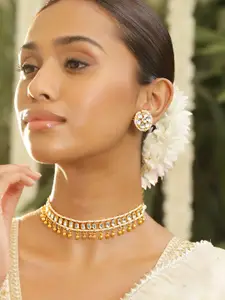 Rubans 18K Gold-Plated White Kundan Studded Gold Beaded Detailing Choker Necklace Set