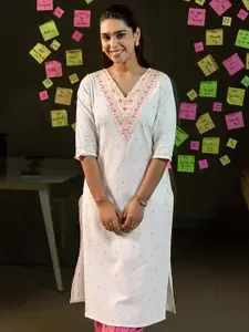Libas Floral Embroidered V-Neck Sequinned Cotton Straight Kurta