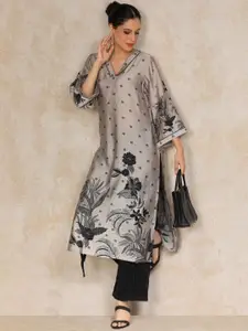 Varanga Floral Printed Flared Sleeves Straight Chanderi Cotton Kurta