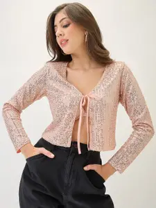 Globus Embellished Tie-Up Neck Long Sleeves Cropped Party Shrug