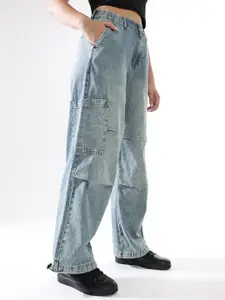 Hubberholme Women Baggy Fit Parachute Cargo High-Rise Light Fade Jeans