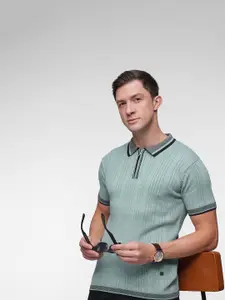 French Connection Striped Pure Cotton Polo Collar T-shirt