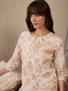 Indo Era Women Floral Printed Keyhole Neck Sequinned Floral Kurta