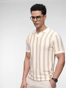 French Connection Striped Pure Cotton Polo Collar T-shirt