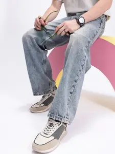 Kook N Keech Men Wide Leg High-Rise Mildly Distressed Light Fade Pure Cotton Jeans