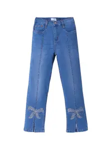 ARIAS By LARA DUTTA Girls Mid-Rise Jeans With Front Slit and Rhinestone Bow Detailing