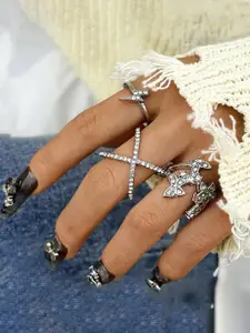 Jewels Galaxy Set Of 3 Silver-Plated Stone-Studded Adjustable Finger Ring