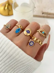 Jewels Galaxy Set Of 5 Gold-Plated Crystals-Studded Finger Ring