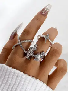 Jewels Galaxy Set Of 3 Silver-Plated Stone-Studded Finger Ring