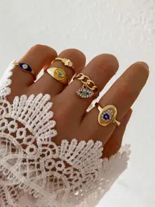 Jewels Galaxy Set Of 5 Gold-Plated Stone Studded Adjustable Finger Ring