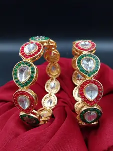 AARNAA Set Of 2 Gold-Plated Kundan & Cubic Zircon-Studded Chuda Bangles